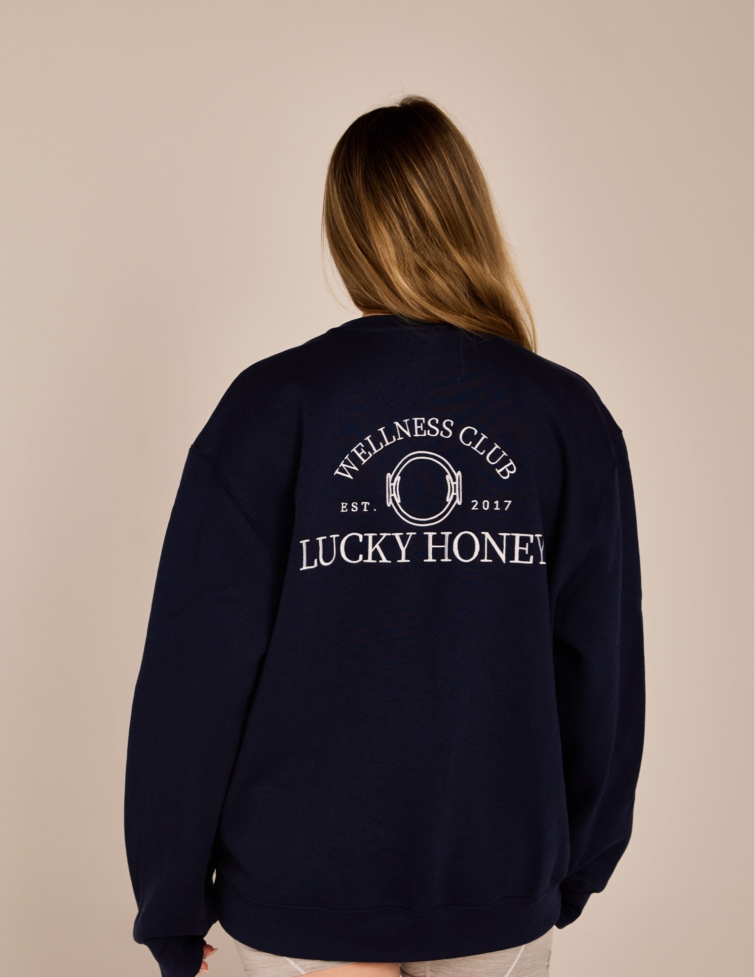 The Lucky Honey Wellness Club Sweatshirt Navy and White