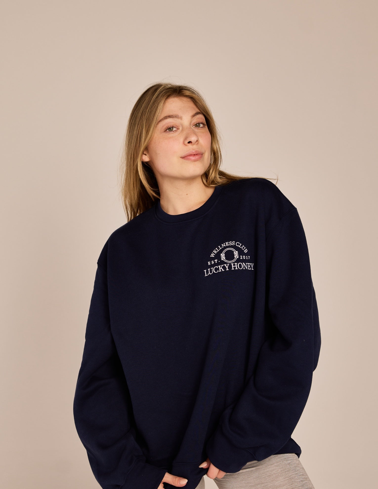 The Lucky Honey Wellness Club Sweatshirt Navy and White